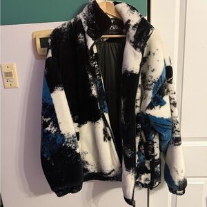 Zara Black and Blue Abstract Puffer Jacket